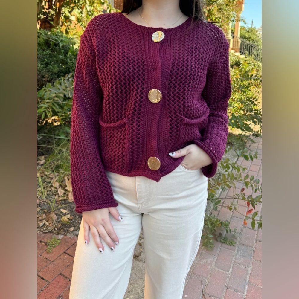 Zara chunky knit cardigan in burgundy - Picture 12 of 16
